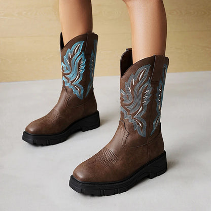 Plus Size Square Stitch Embroidered Women's Western Boots With Thick Soled Sponge Cake And Embroidered Mid Calf Boots