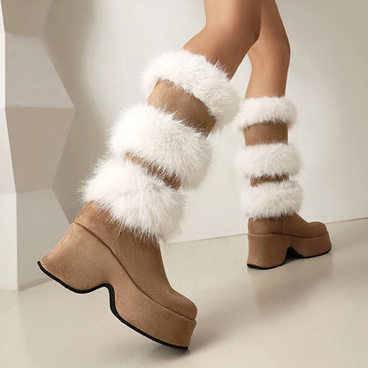 Matte Velvet Patchwork Fur Round Toe Thick Sole Sponge Cake Heel Thick Plush Fur Boots Slip On Height Increasing Knee High Boots