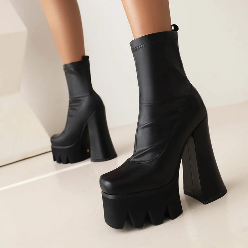 High Platform Hollow Heel Fashion Short Boots Elastic PU Super High Thick Heel Plush Inner Lining Nightclub Trend Women's Boots