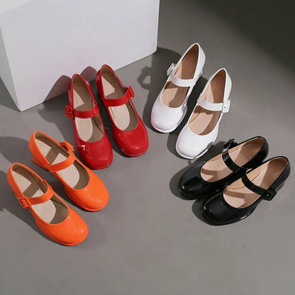 Patent PU Leather Orange Red Closed Toe Women Pumps Big Size 47 48 Mature Lady Office Shoes Buckle Strap Mary Janes Chunky Heels