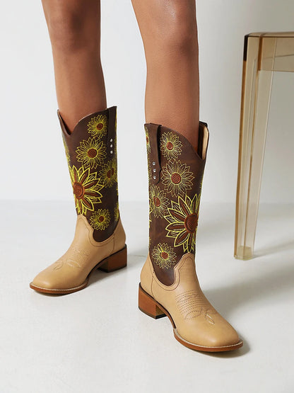 Embroidery Flower Women's Western Boots Square Head Thick Heel