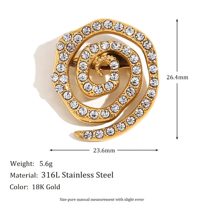 E.B.belle White Rhinestone Vortex Brooch Stainless Steel 18k Gold Plated For Women Fashion Charm ClothingDecoration Waterproof