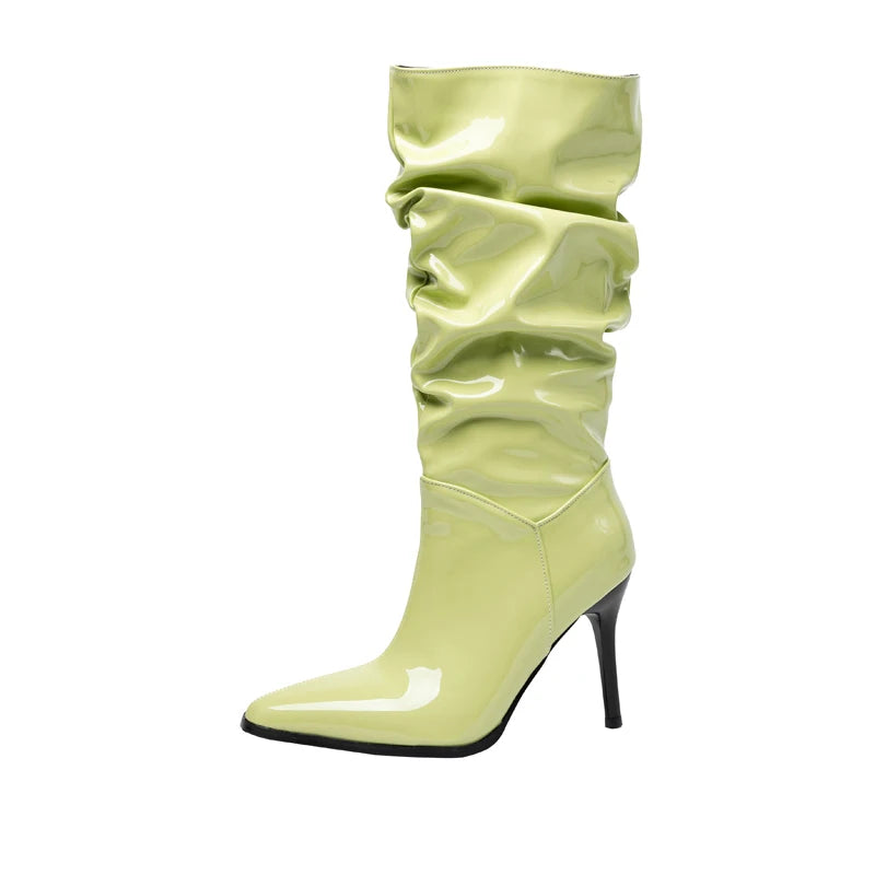 Plus Size Shiny Patent Leather Pointed Toe Super High Thin Heel Short Plush Lining Slip-On Sexy Women's Mid-Calf Boots