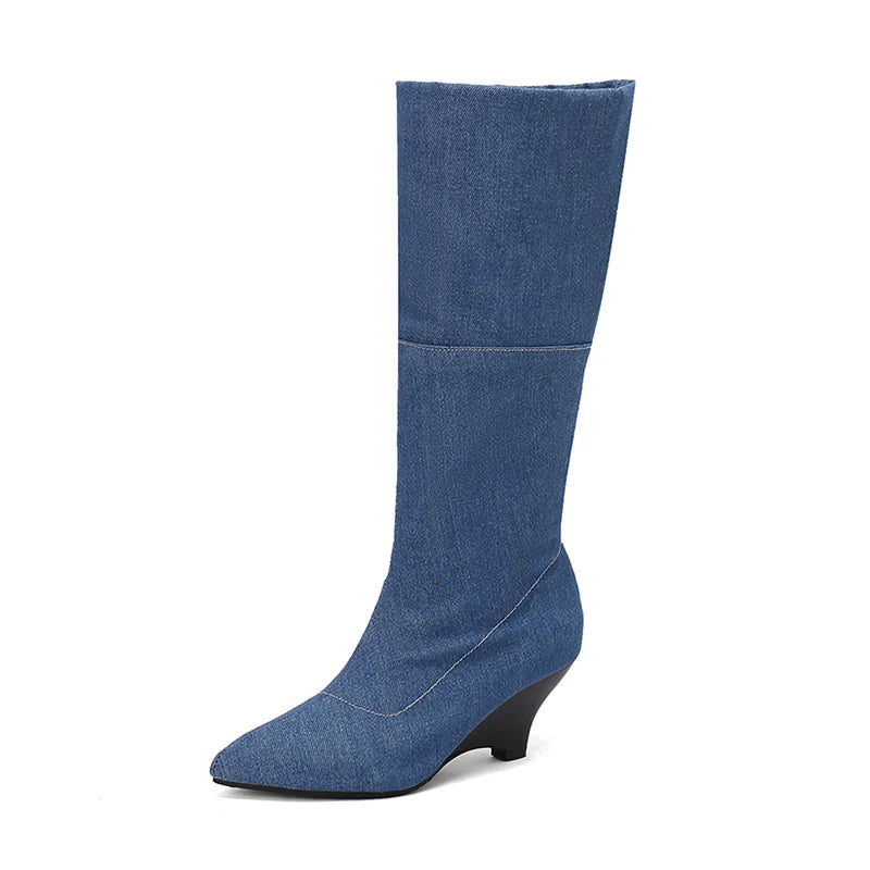 Plus Size Denim Material Pointed Flat Bottomed Sloping Heel Plush Lining Knee Boots Side Zipper Floor Slip On Elastic Boots