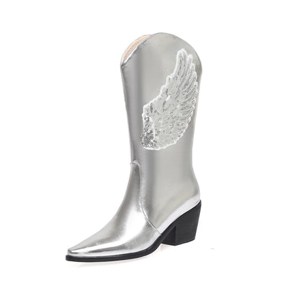 Plus Size Wing Pattern Sequin Cloth Decal Women's Mid Length Boots With Pointed Tapered Thick Heels Slip-On Metallic Boots