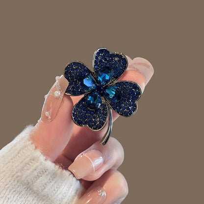 Lucky Four Leaf Clover Blue Crystal Brooch French Retro Corsage Fixed Clothes Pin Buckle for Women Wedding Dress Jewelry