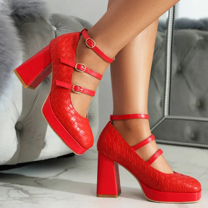 Plaid Red Pink Closed Toe Spring Ladies Shoes Block High Heels Women Pumps Bg Size 46 47 48 Buckle Belt Mary Janes Platform Heel