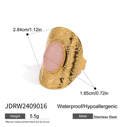 Youthway Gold Plated Stainless Steel Green&Pink Stone Hammer Pattern Oval Ring For Unisex Fashion Ethnic Waterproof Jewelry Gift