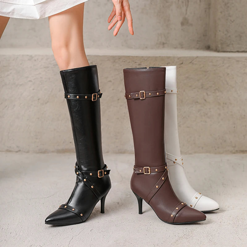 Cross Metal Belt Buckle Rivet Thin Strap Side Zipper Pointed Tip Ultra-High Thin Heel Breathable Sexy Women's Knight Boots