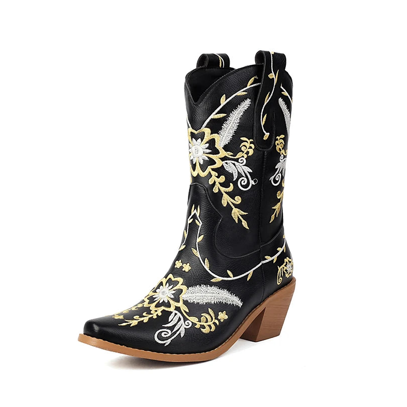 Plus Size Metal Leather Microfiber Upper Embroidered Thick Heel Fashionable New Mid-Calf Boots Breathable Western Boots