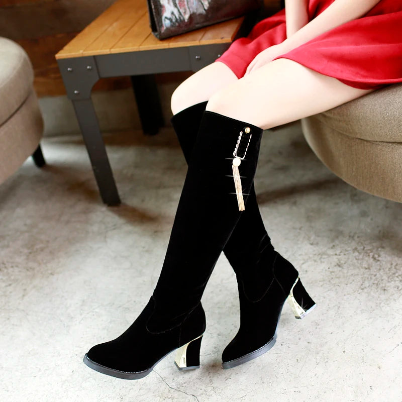 2024 Metal Tassels Pearls Cute And Sweet Women's Knee-High Boots Frosted Flock Thick Heels Slip On Winter Long Boots