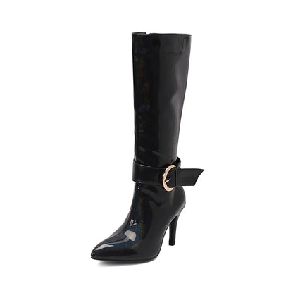 Plus Size Ankle Metal Belt Buckle Decorative Side Zipper Women's Knee Long Boots Pointed Tip Super High Heels Sexy Long Boots