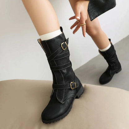 Plus Size Cross Tie Double Row Buckle Thick Heeled Western Boots Classic Retro Frosted Microfiber Material Women's Mid-Calf Boot