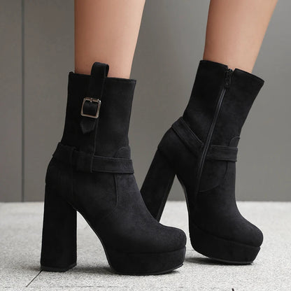 Plus Size Frosted Suede Material Waterproof Round Toe Super High Thick Heel Belt Buckle Side Zipper Women's Mid Calf Boots