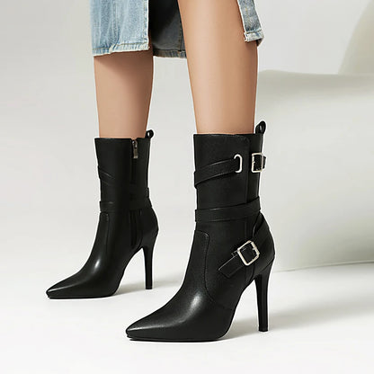 Plus Size Cross Metal Belt Buckle Pointed Ultra-High Thin Heel Side Zipper Sexy Boots Breathable Interior Fashion Mid-calf Boots