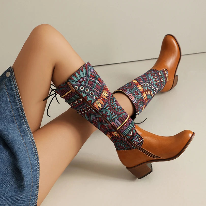 Plus Size Ethnic Style Pattern Printed Fabric Splicing PU Long Boots Cross Tie Straps Zippers Wood Grain Thick Heel Knee Boots