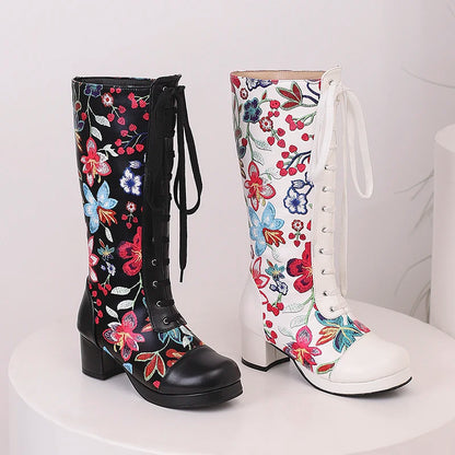 Cross Lace Up Printing Fashion Sweet Women's Knee Length Boots Embroidered Flower Thick Heel Waterproof Platform Winter Boots