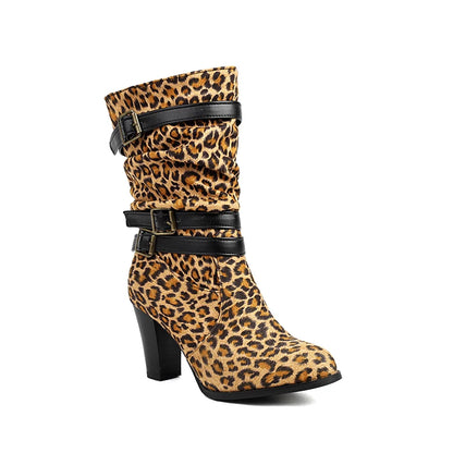 Plus Size Leopard Print Float Round Toe Extra High Thick Heeled Women's Mid-Calf Boots Three Rows Of Belt Buckles Fashion Boots