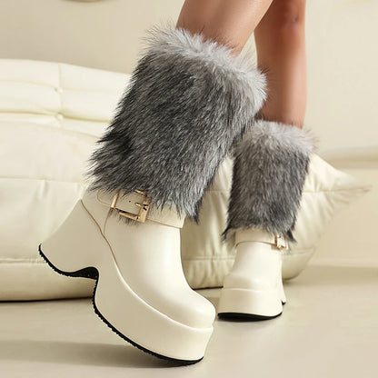 Fur Splicing PU Thick Soled Sponge Cake Heel Ankle Metal Belt Buckle Thick Plush Mid-calf Boots Height Increasing Snow Boots