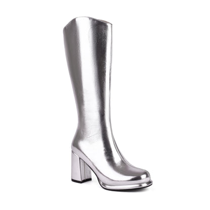 Plus Size Metal Glossy Microfiber Material Knee High Boots With Thick Plush Inner Lining And Thick Heels For Women's Boots