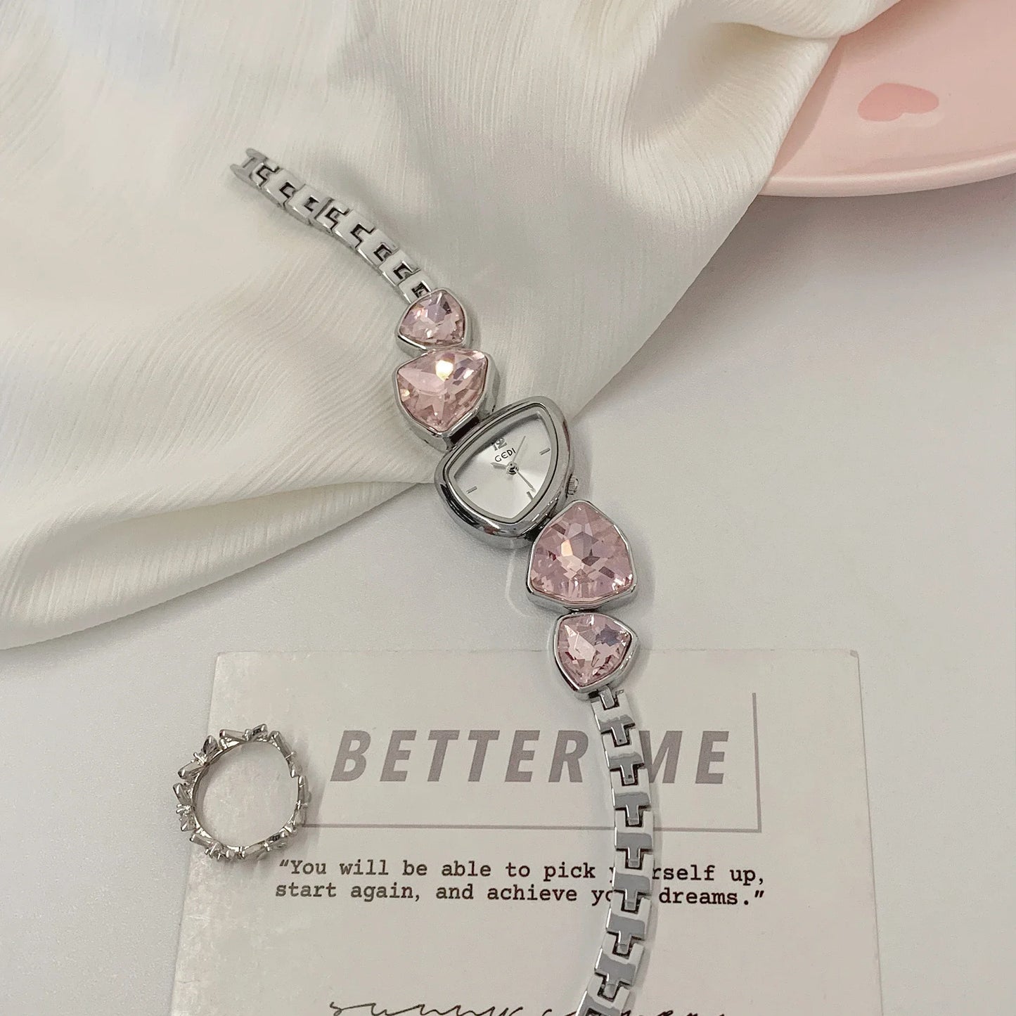 Creative Irregular Women's Bracelet Light Luxury Pink Gemstone Fashion Bracelet Silver Women's Quartz Watch Reloj Mujer