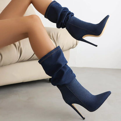 Pointed Toe Ultra-High Slim Heel Denim Baby Blue Fashion Boots With Short Plush Lining Slip-On Women's Knee Boots 2023