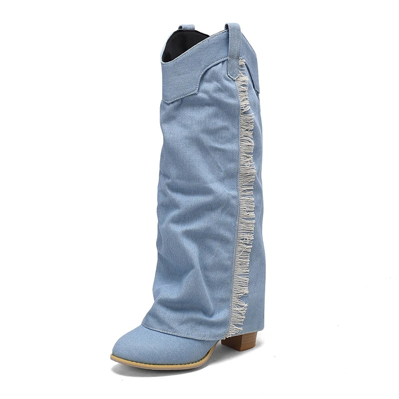 Plus Size Washed Denim Material With Cuffed Fashion Western Boots Side Fringe Wood Grain Thick Heels Slip-On Trend Knee Boots