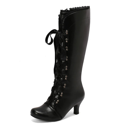 Plus Size Ruffle Edge Cross Tie With Rivets Round Hole Side Zipper Knee Boots Cat Heel Breathable New Spring/Summer Boots