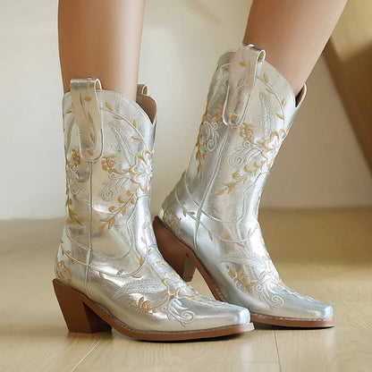 Plus Size Metal Leather Microfiber Upper Embroidered Thick Heel Fashionable New Mid-Calf Boots Breathable Western Boots