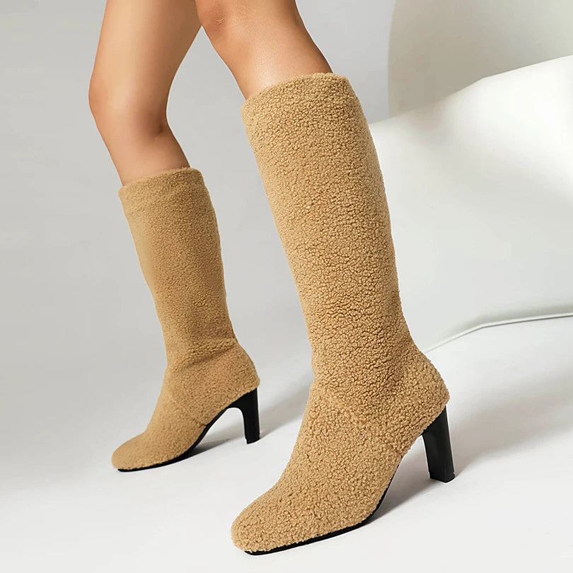 Cashmere Winter Warm Women's Boots Round Shaped Square Heel Thick Plush Lining Snow Boots Artificial Lamb Wool Knee High Boots