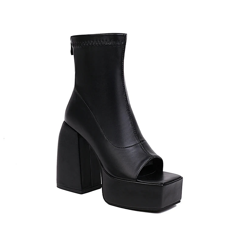 Super High Profiled Thick Heel Microfiber Material Breathable Summer Mid-Boots Square Toe Waterproof Platform Peep Toe Boots