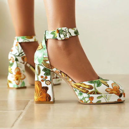 Colorful Flower Print Closed Toe Platform Women Summer Dress Pumps Two Pieces Ankle Wrap Block High Heels Sexy Woman Sandals