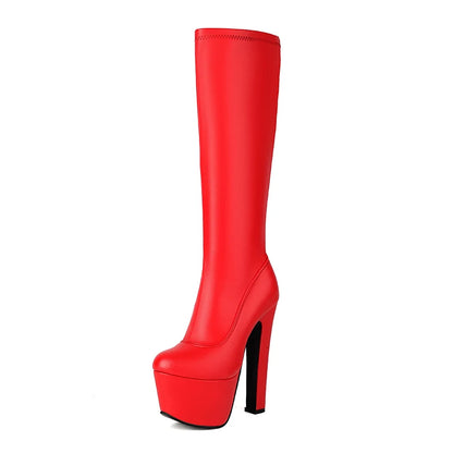 Plus Size Super High Platform Patent Leather Zipper Slip-On Sexy Women's Knee High Boots Microfiber Matte Upper Fashion Boots