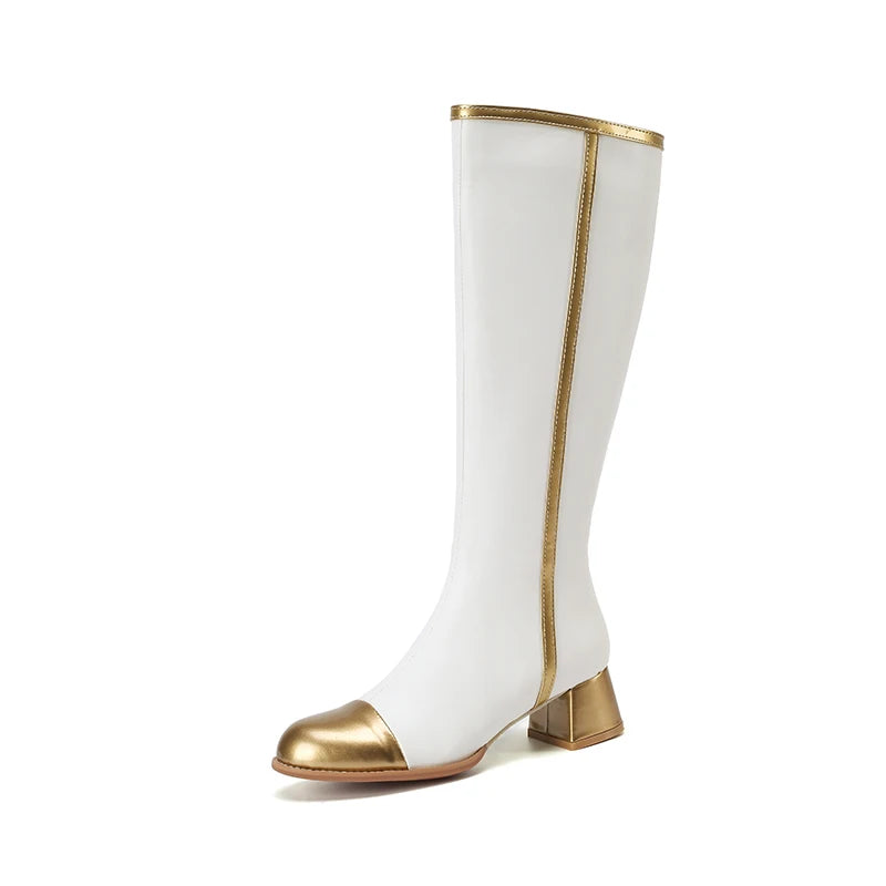 2024 Plus Size Gold Toe Cap National Style Color Blocking Knee High Boots Round Toe Thick Heel Zipper Plush Lining Women's Boots