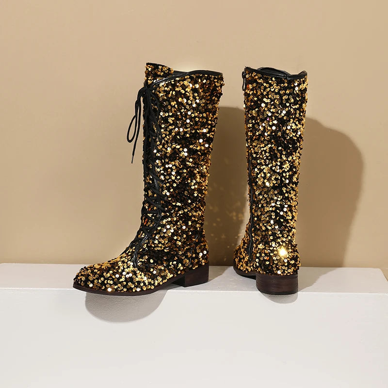 Circle Sparkling Sequin Material Novelty Women's Knee Length Boots Cross Lace Side Zipper Shiny Color Changing Unique Boots