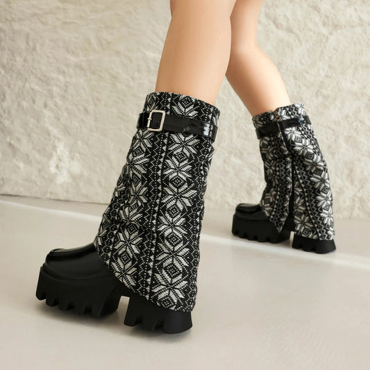 Geometric Patterned Fabric Patchwork PU Ankle Metal Buckle Zipper Punk Short Boots Printed Colorful Snake Pattern Sponge Shoes