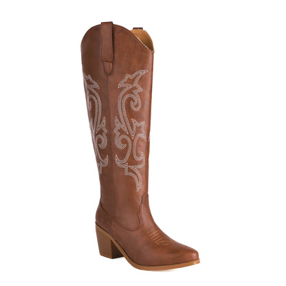 Pointed Wood Grain Thick Heel Western Boots