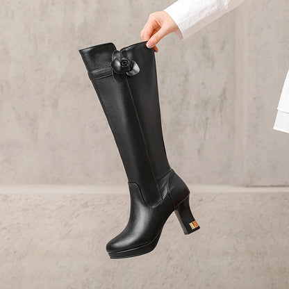 Round Headed Platform Ultra-High Thick Heel Side Zipper Breathable Autumn New Knee High Boots Flower Decal Office Knight Boots