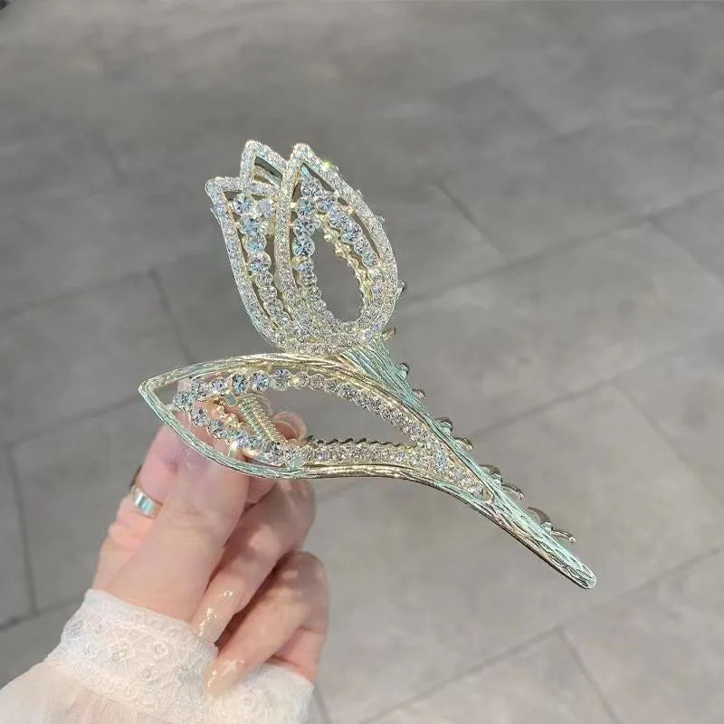 Korean Fashion Tulip Pearl Rhinestone Hair Claw Clip Alloy Elegant Hair Clip Claw Clamp Headwear Girls Women Hair Accessories