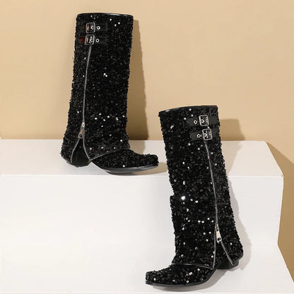 Circle Glitter Flipped Zipper Mid-Calf Boots