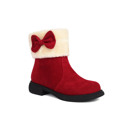 Fur Patchwork Frosted Flock Thick Fur Lining Anti Slip Flat Bottom Snow Boots With Bow Tie Decals Cute Slip-On Girls' Short Boot