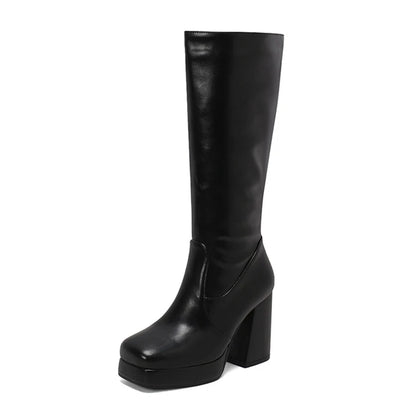 Square Toe Platform Ultra-High Thick Heel Soft PU Side Zipper Women's Knee High Boots With Plush Lining Autumn New Knight Boots