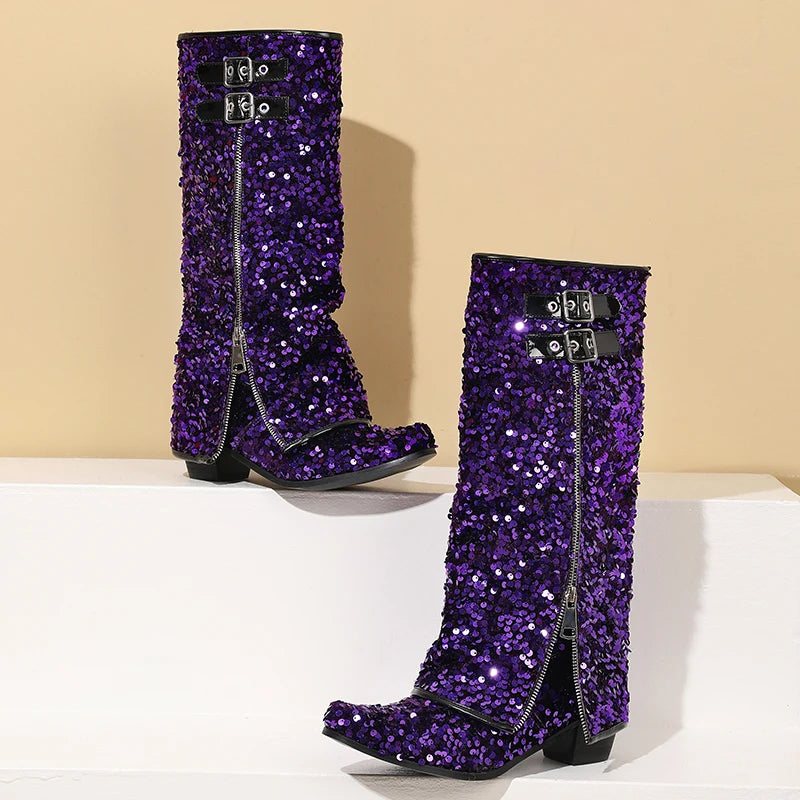 Circle Glitter Flipped Zipper Mid-Calf Boots