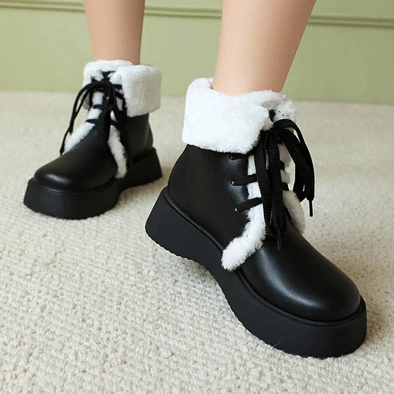 Fur Splicing PU Classic Retro Thick Plush Inner Winter Long Short Boots Flat Heel Thick Bottom Warm Tie Up Snow Boots