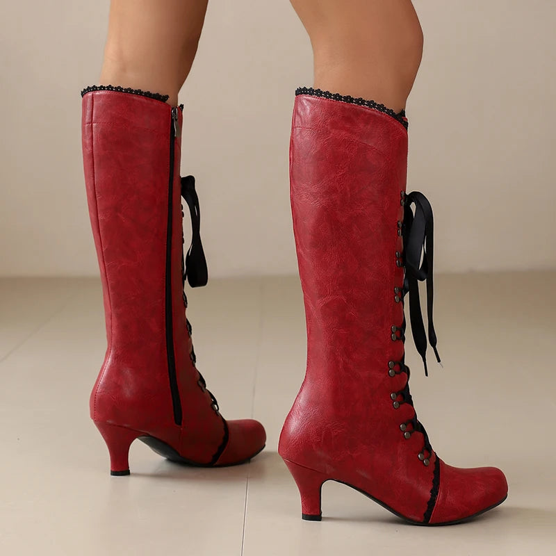 Plus Size Ruffle Edge Cross Tie With Rivets Round Hole Side Zipper Knee Boots Cat Heel Breathable New Spring/Summer Boots