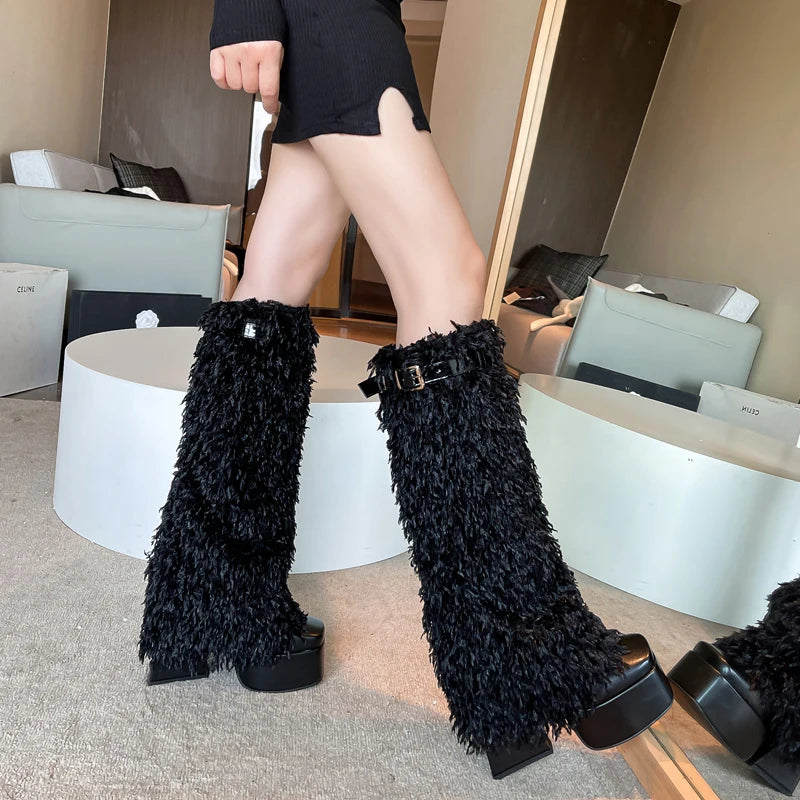 2024 Plus Size Ostrich Hair Splicing PU Fashion Fashion Women's Knee High Boots Square Toe High Platform Exaggerated Art Boots