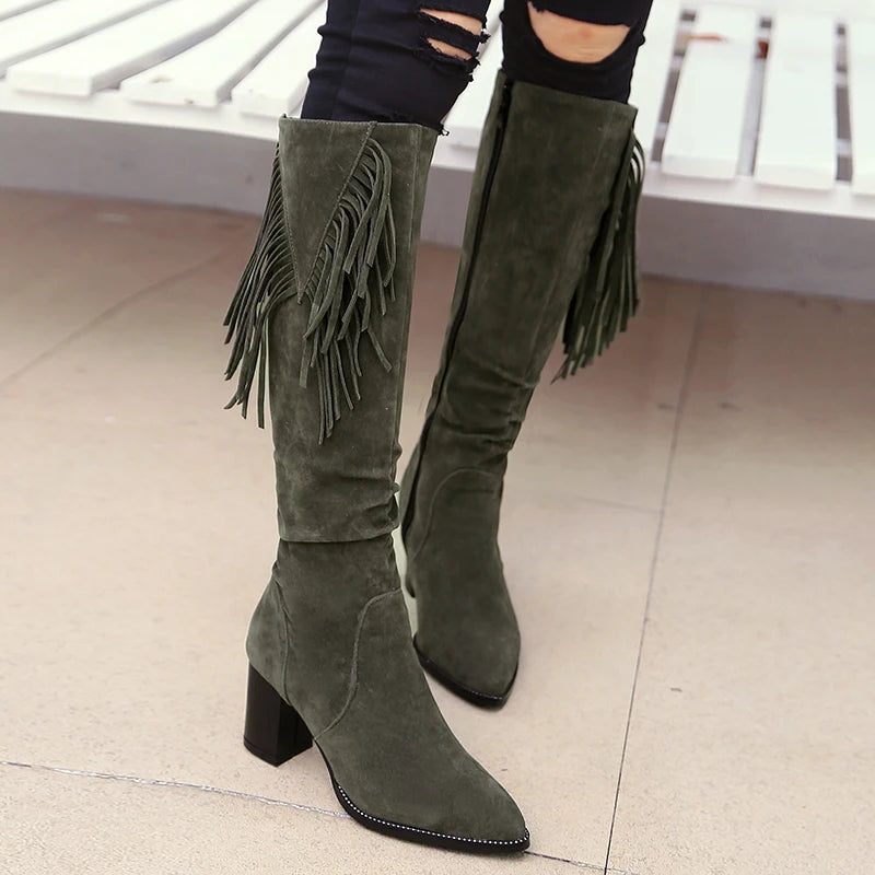 Plus Size Frosted Plush Material Ethnic Style Tassel Ribbon Western Boot Tip Thick Heel Plush Inner Zipper Knee High Boots