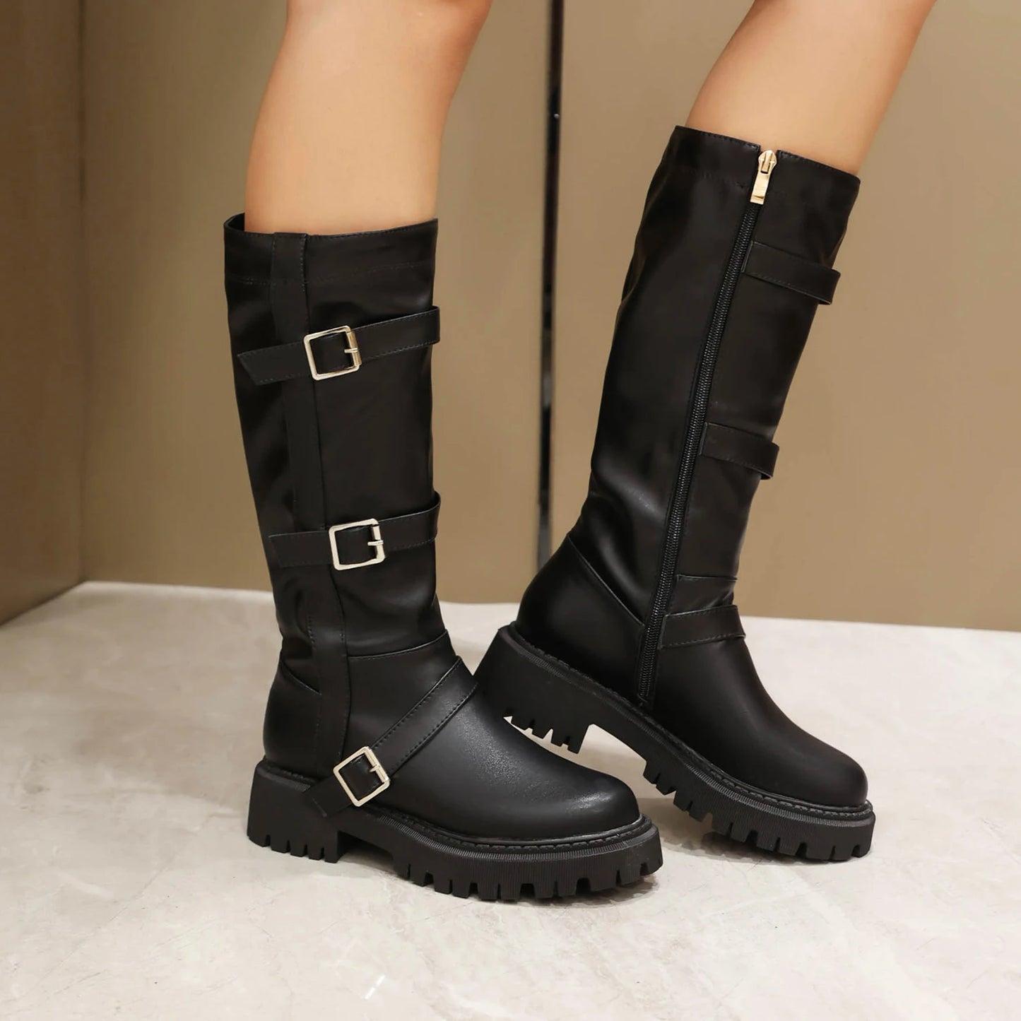 Three Row Metal Square Buckle Thick Heeled Women's Knee Boots With Round Toe Waterproof Platform Side Zipper Thick Sole Boots