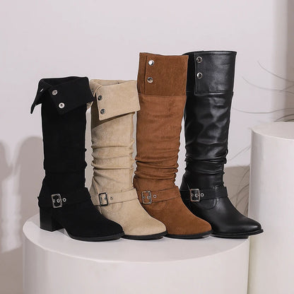 Plus Size Flipped Rivet Ankle Metal Buckle Retro Knight Boots Pointed Toe Thick Heel Frosted Velvet Material Knee High Boots