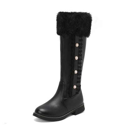 Fur Splicing PU Winter Warm Knee Boots For Students With Pearl Rivets Lace Edges Side Zippers Lolita Style Long Boots 2024 New